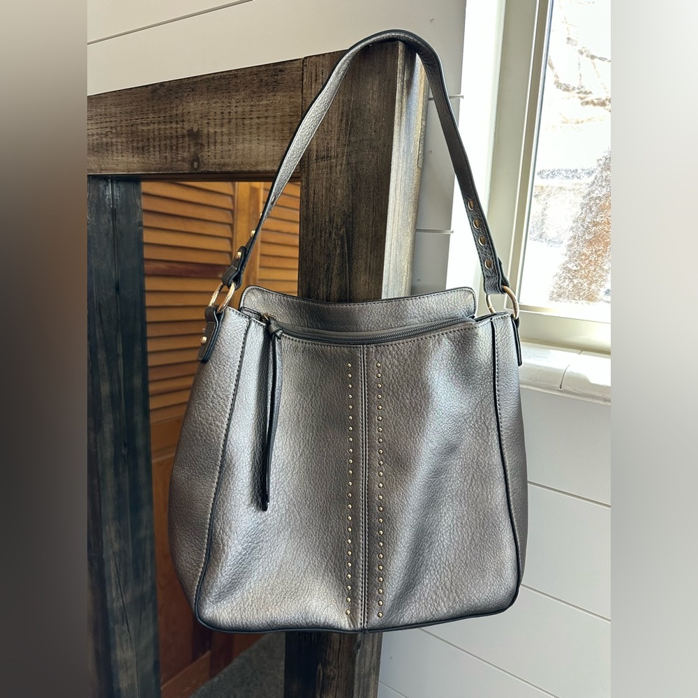 Montana West Studded Shoulder Bag Gray Metallic Faux Leather Western Style Purse